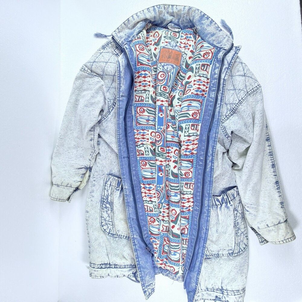 Vintage British Mist Acid Wash Denim 80's Jacket Coat Unisex Size M Aztec Lining